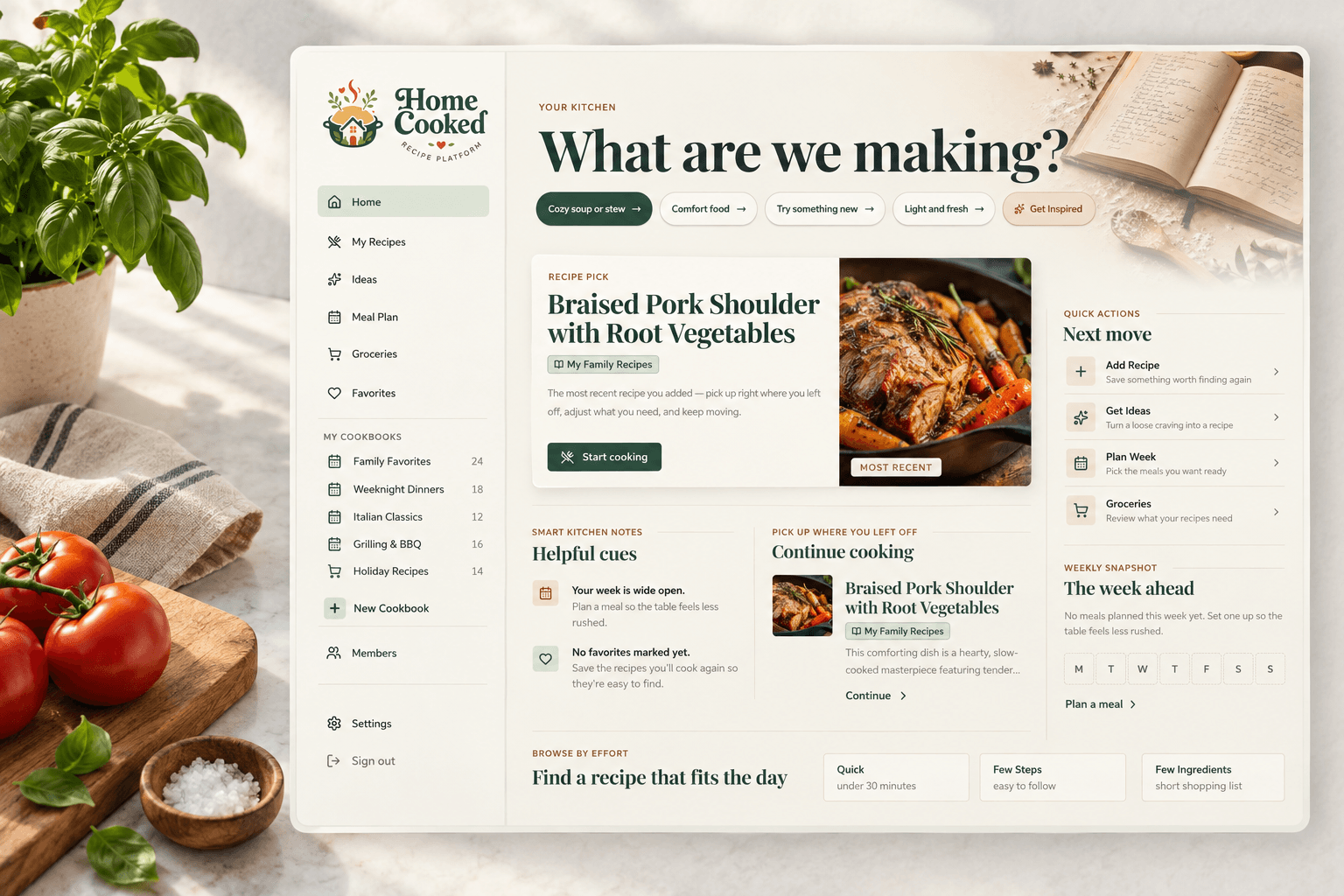 Home Cooked cookbook home screen with recipes, meal plan, and quick actions