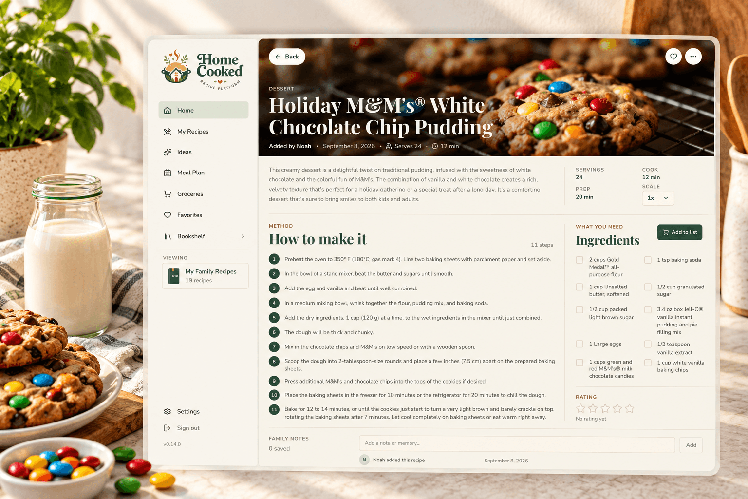 A recipe page in Home Cooked showing photo, ingredients, and step-by-step method