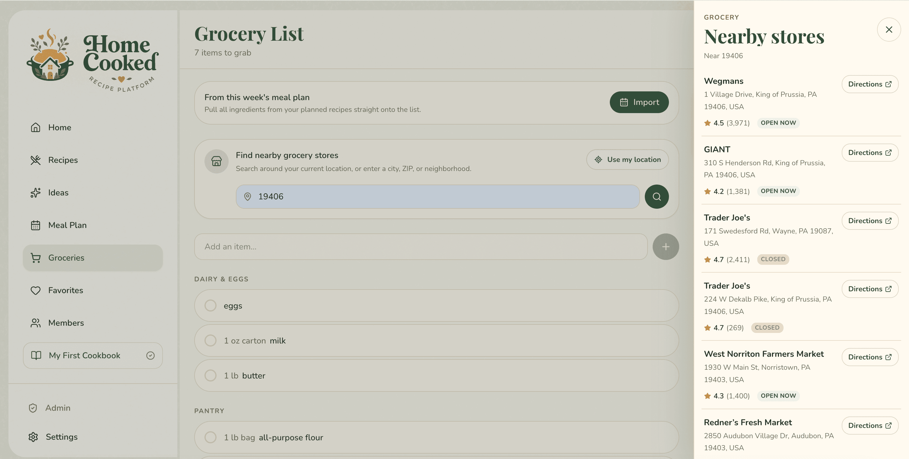 The grocery list in Home Cooked with categorized items and nearby store suggestions