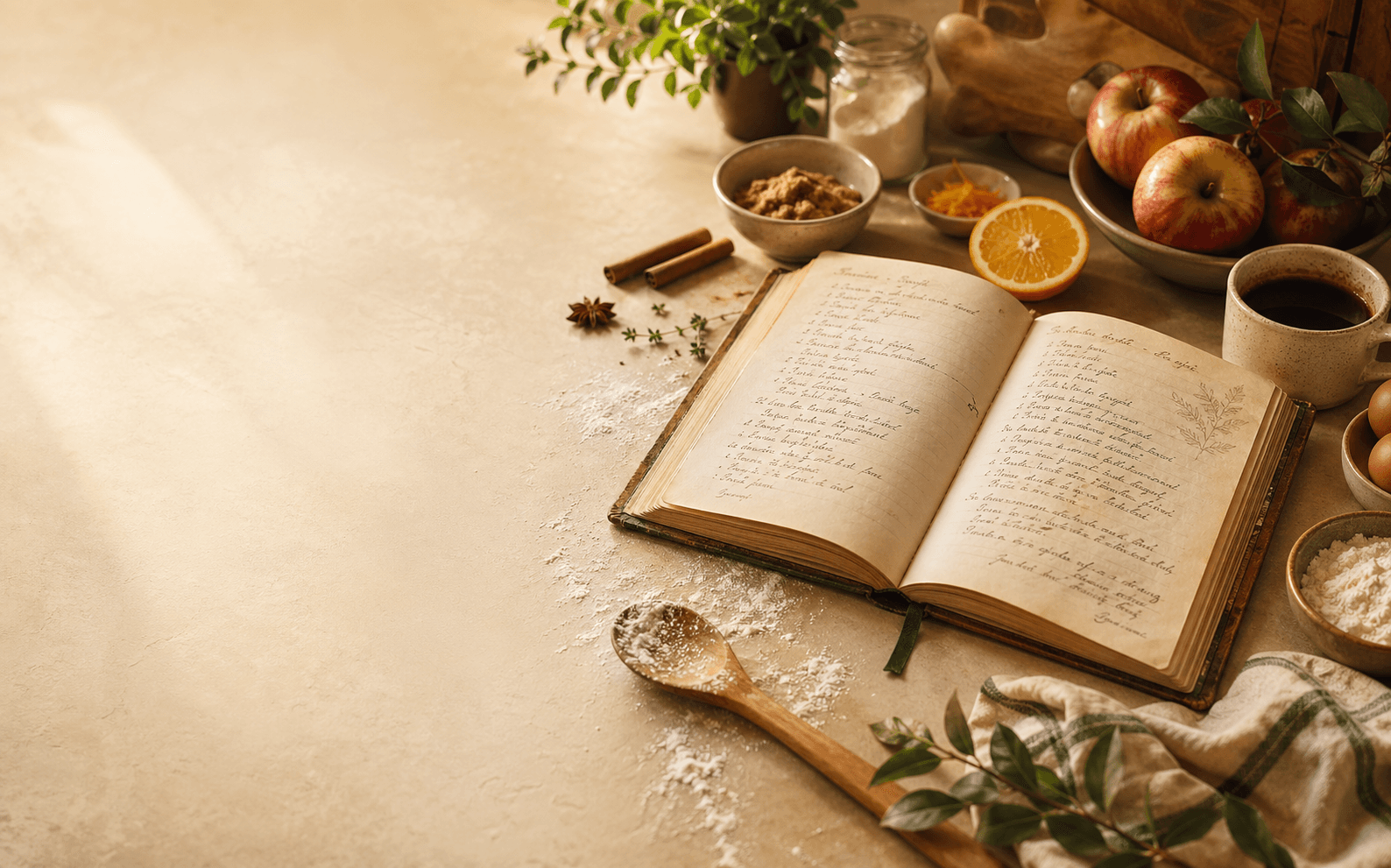Open handwritten family recipe book on a warm kitchen counter with apples, herbs, flour, spices, and coffee