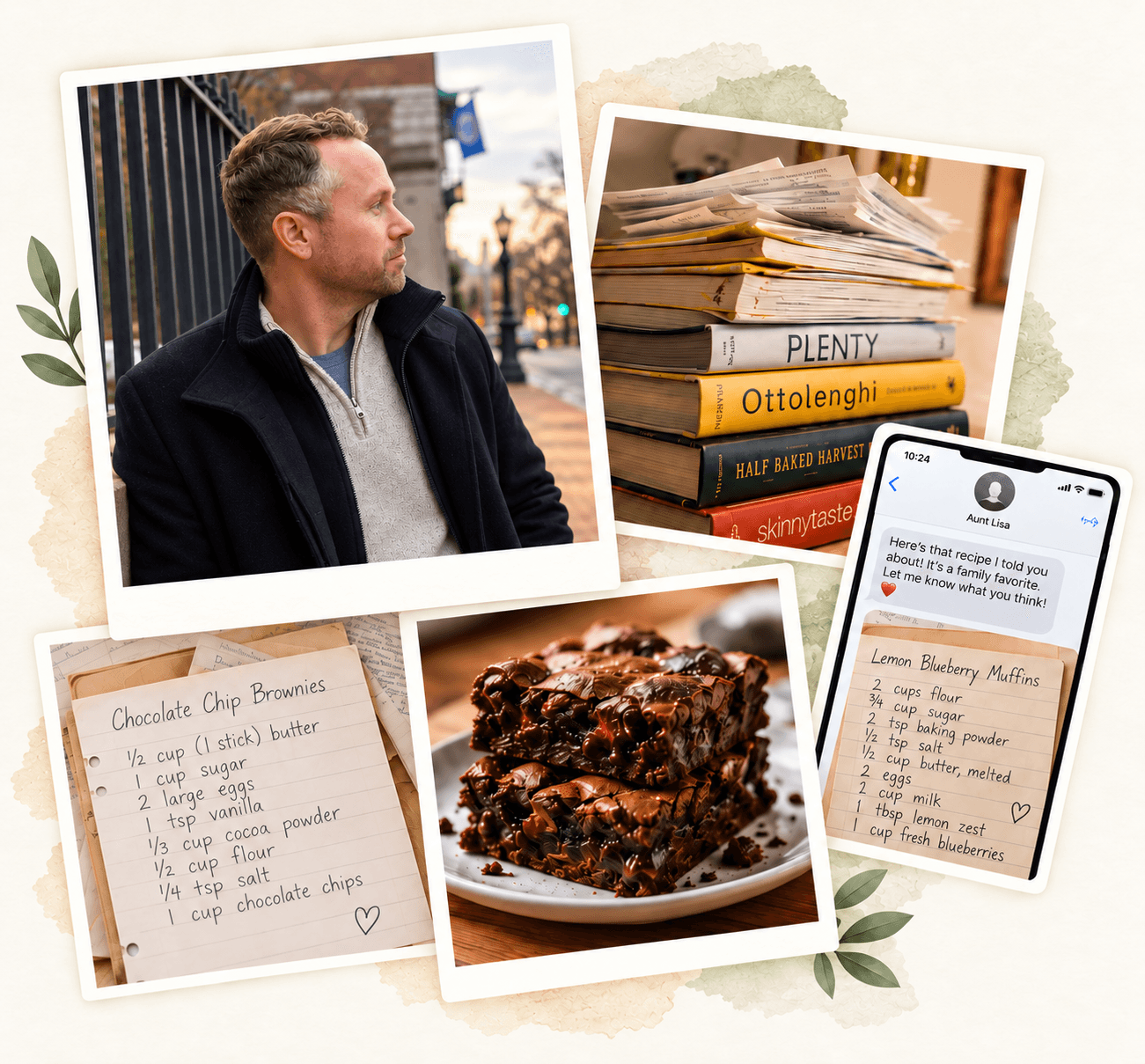 Noah facing right beside cookbooks, handwritten recipes, brownies, and a recipe shared by text