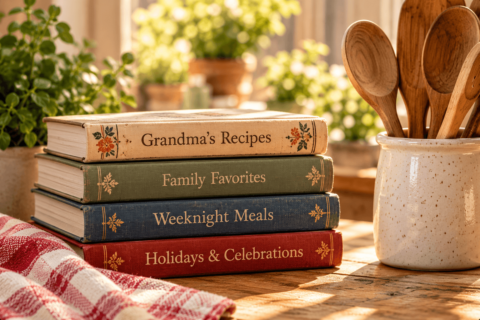 A stack of family cookbooks beside wooden spoons in a sunlit kitchen